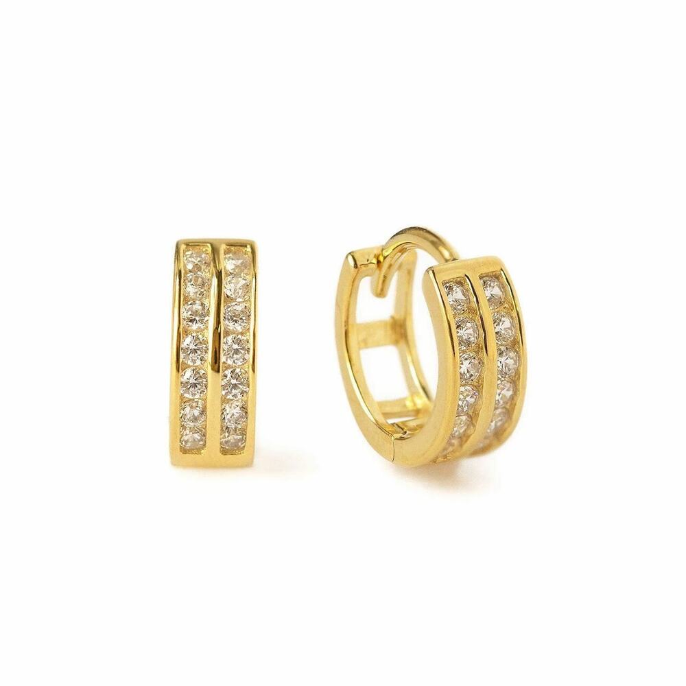 14K Gold over 925 Sterling Silver 2 Row Iced CZ Hoop Earrings
